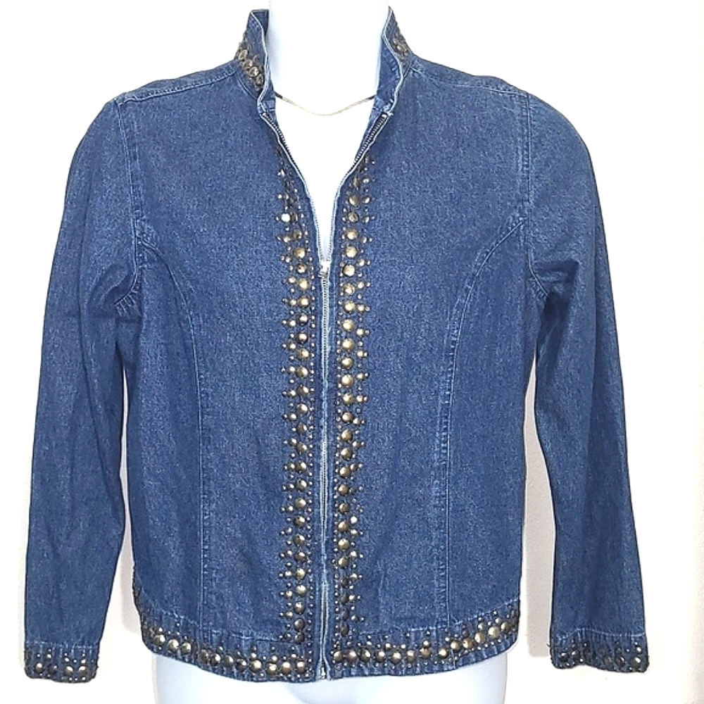 New Directions Vintage Studded Denim Jacket Zip Front Blue Gold Embellished M